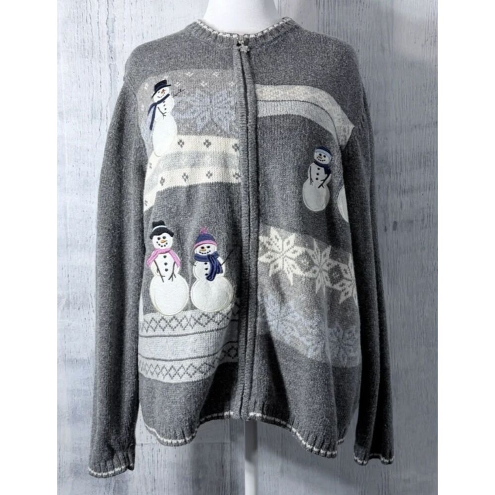 Croft & Barrow Full Zip Sweater Grey Snowman Snowflake Knit Cardigan Womens 1X